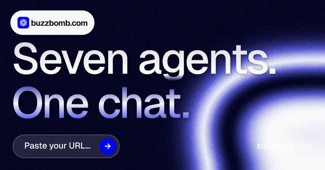 Social ad for BuzzBomb: "Seven agents. One chat." Agentic glass style, poster layout, dark palette in black, blue.