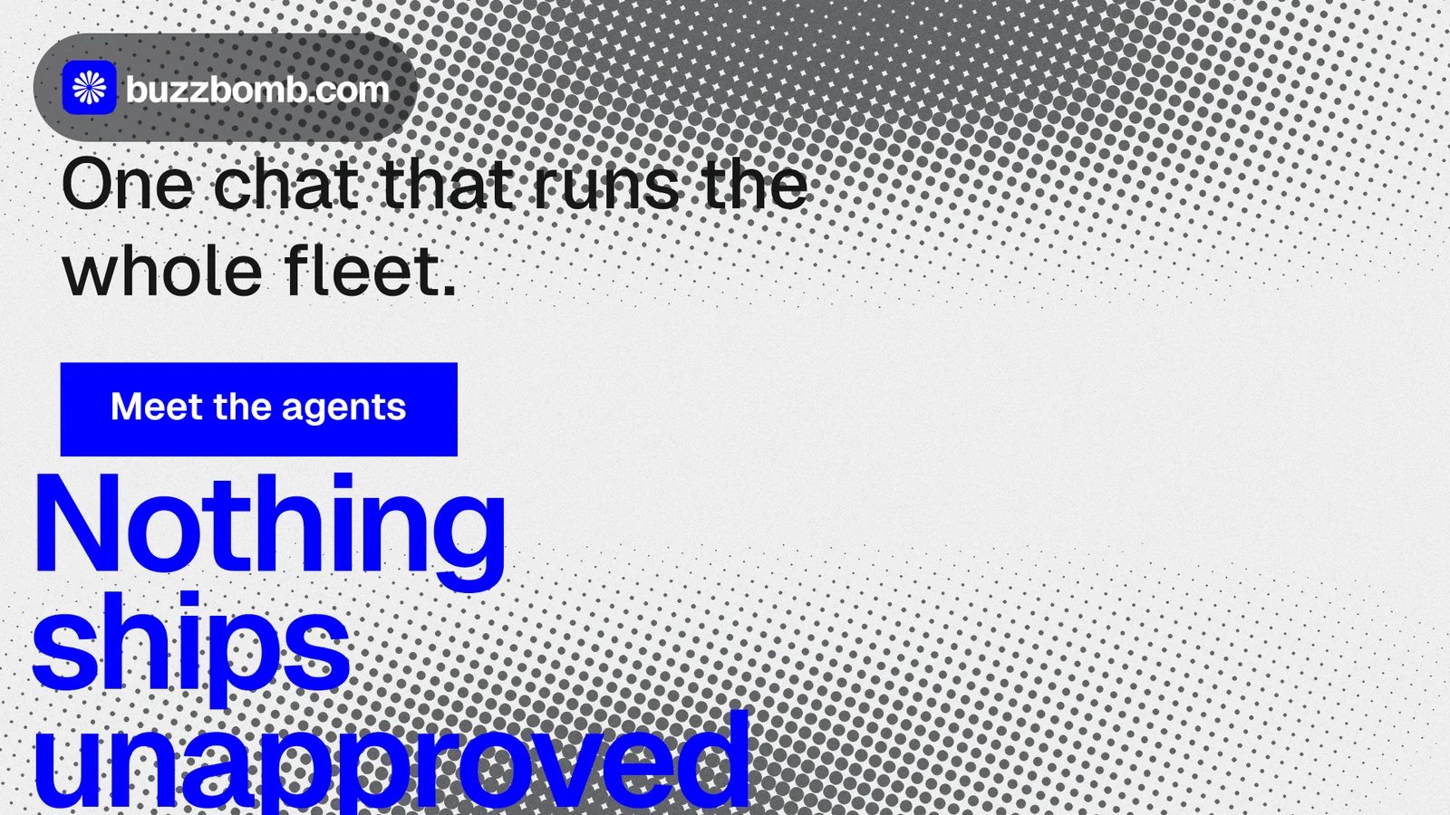 Landscape graphic for BuzzBomb: "Get a marketing team." Swiss style, oversized layout, light palette in blue, white, grey.