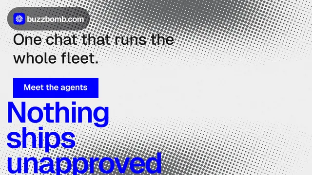 Landscape graphic for BuzzBomb: "Get a marketing team." Swiss style, oversized layout, light palette in blue, white, grey.