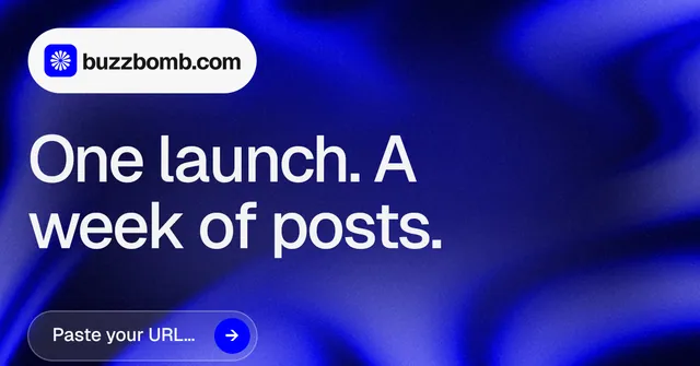 Social ad for BuzzBomb: "One launch. A week of posts." Agentic glass style, announce layout, dark palette in blue.