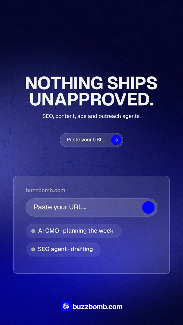Instagram story for BuzzBomb: "Nothing ships unapproved." Agentic glass style, centred layout, dark palette in black, blue.