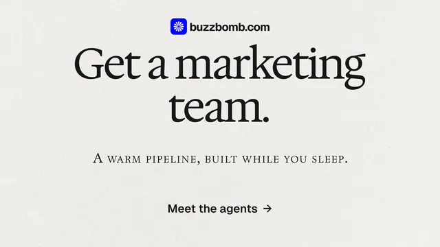 Landscape graphic for BuzzBomb: "Get a marketing team." Swiss style, smallcaps layout, light palette in white, grey.