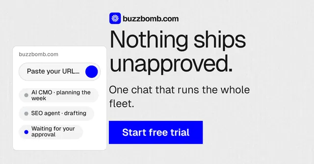 Social ad for BuzzBomb: "Nothing ships unapproved." Swiss style, skeleton layout, light palette in white, blue.