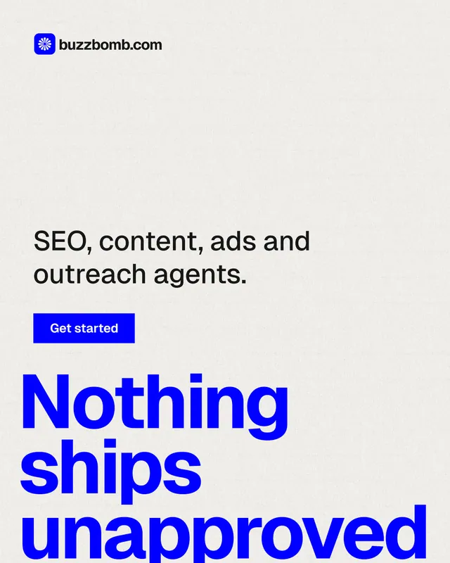 Instagram portrait post for BuzzBomb: "Get a marketing team." Swiss style, oversized layout, light palette in white, blue.