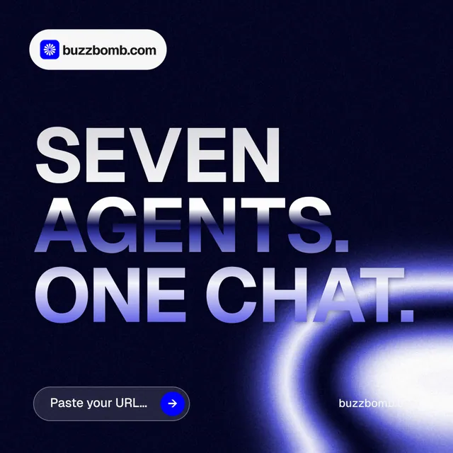 Instagram post for BuzzBomb: "Seven agents. One chat." Agentic glass style, poster layout, dark palette in black, blue.