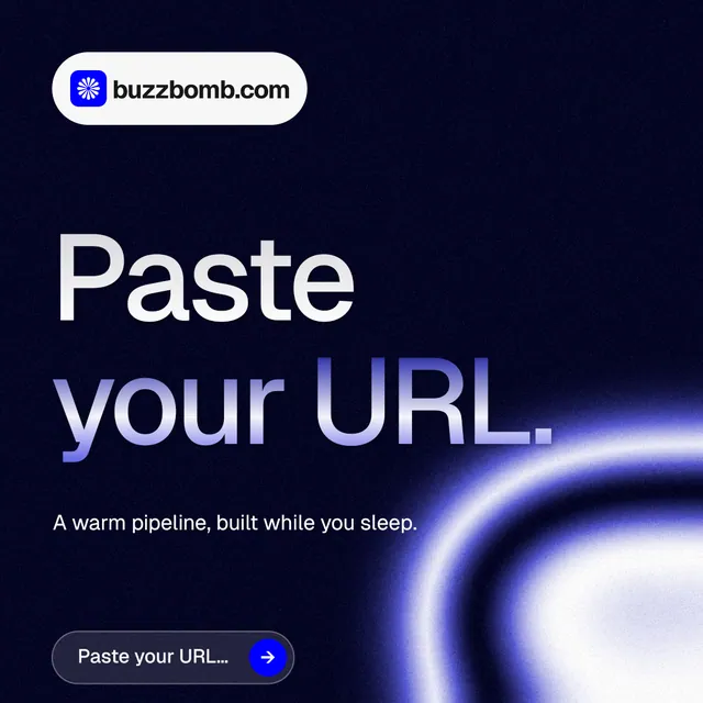 Instagram post for BuzzBomb: "Paste your URL." Agentic glass style, announce layout, dark palette in black, blue.