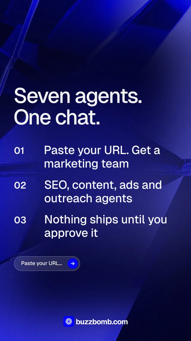 Instagram story for BuzzBomb: "Seven agents. One chat." Agentic glass style, numbered layout, dark palette in blue, black.
