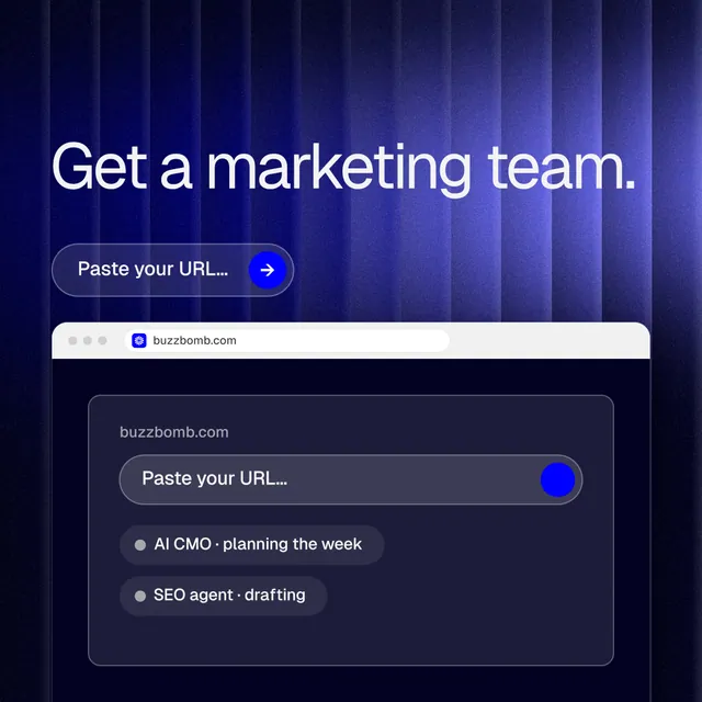 Instagram post for BuzzBomb: "Get a marketing team." Agentic glass style, browser layout, dark palette in blue, black.