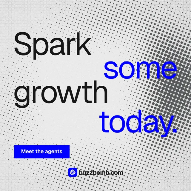 Instagram post for BuzzBomb: "Spark some growth today." Split block style, stacked layout, light palette in white, blue.