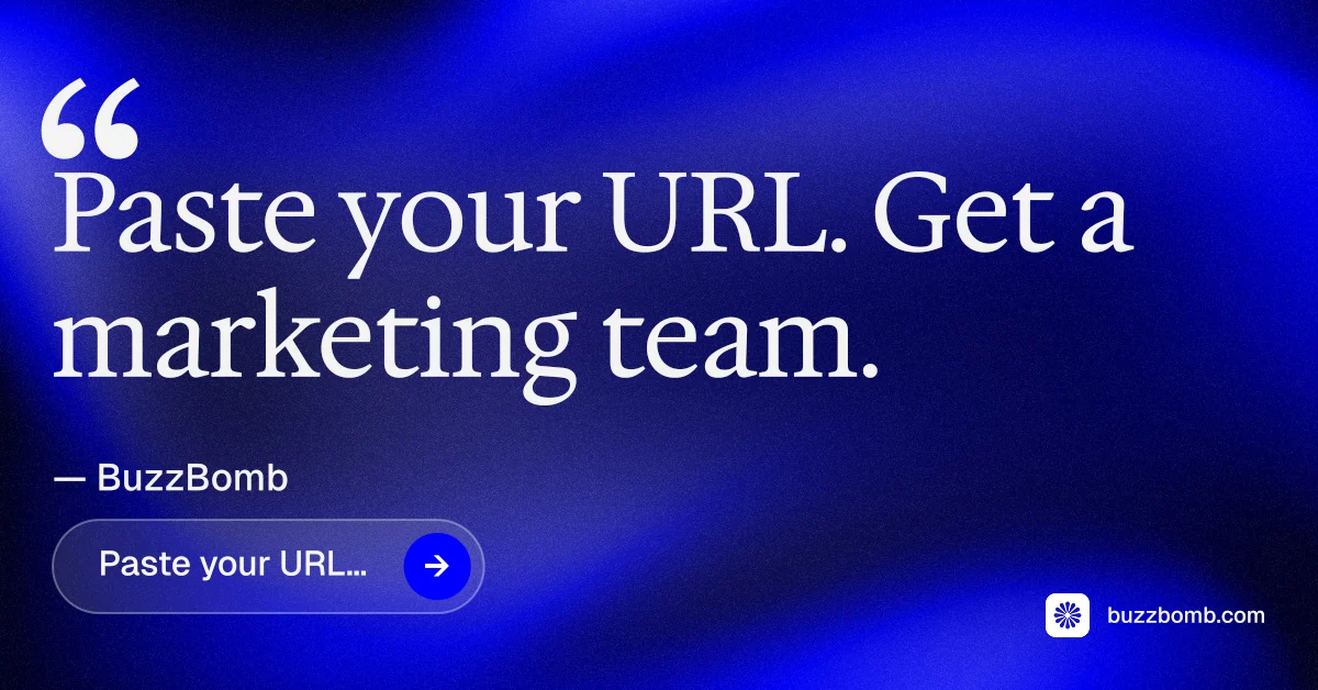 Social ad for BuzzBomb: "Get a marketing team." Agentic glass style, quote layout, dark palette in blue.