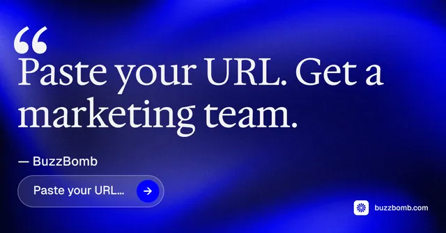 Social ad for BuzzBomb: "Get a marketing team." Agentic glass style, quote layout, dark palette in blue.