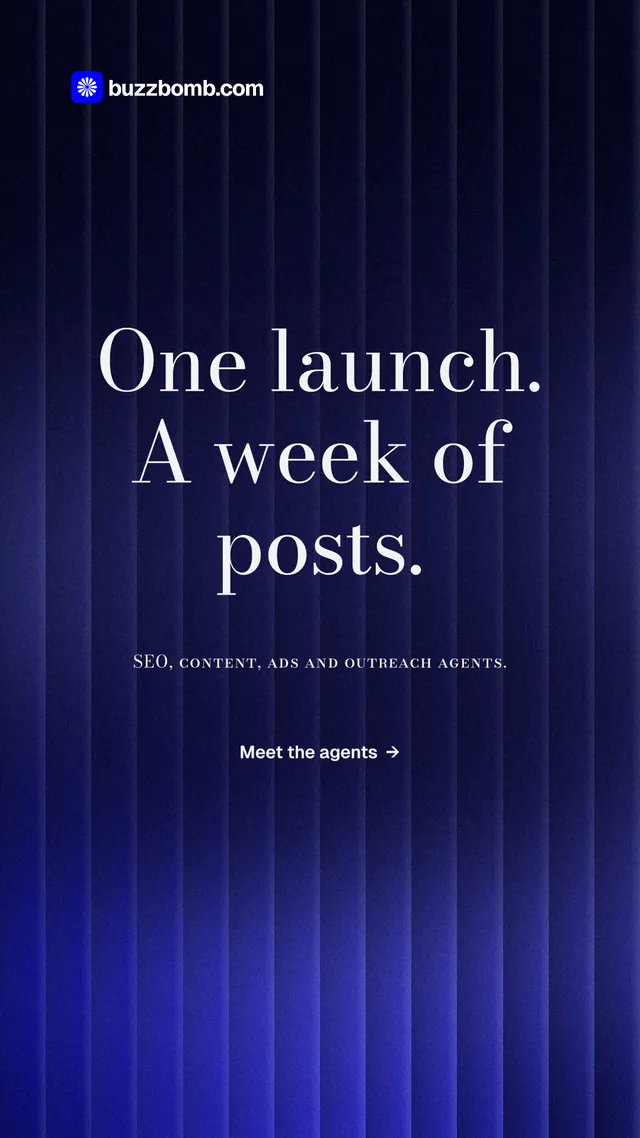 Instagram story for BuzzBomb: "One launch. A week of posts." Minimal luxury style, smallcaps layout, dark palette in blue, black.