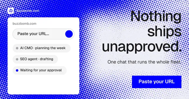 Social ad for BuzzBomb: "Nothing ships unapproved." Split block style, right layout, light palette in blue, white.