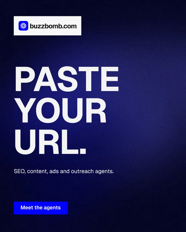 Instagram portrait post for BuzzBomb: "Paste your URL." Swiss style, announce layout, dark palette in black, blue, grey.