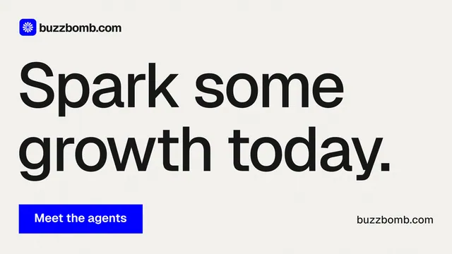 Landscape graphic for BuzzBomb: "Spark some growth today." Swiss style, poster layout, light palette in white, grey.