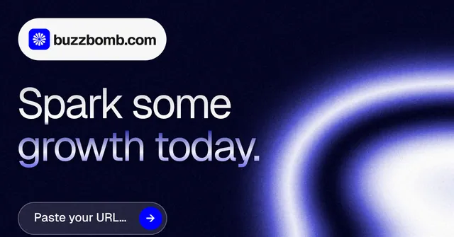 Social ad for BuzzBomb: "Spark some growth today." Agentic glass style, announce layout, dark palette in black, blue.