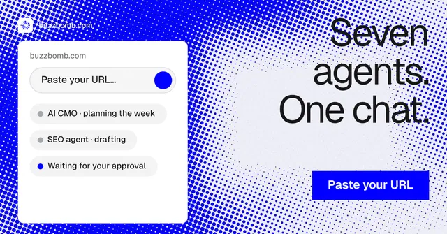 Social ad for BuzzBomb: "Seven agents. One chat." Swiss style, right layout, light palette in blue, white.