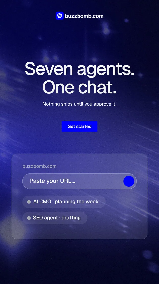 Instagram story for BuzzBomb: "Seven agents. One chat." Swiss style, centred layout, dark palette in blue, black.