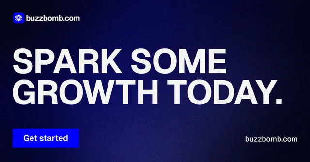 Social ad for BuzzBomb: "Spark some growth today." Swiss style, poster layout, dark palette in black, blue, grey.