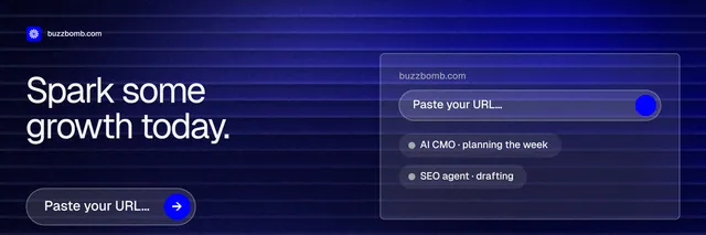 X header for BuzzBomb: "Spark some growth today." Agentic glass style, bottom layout, dark palette in black, blue.