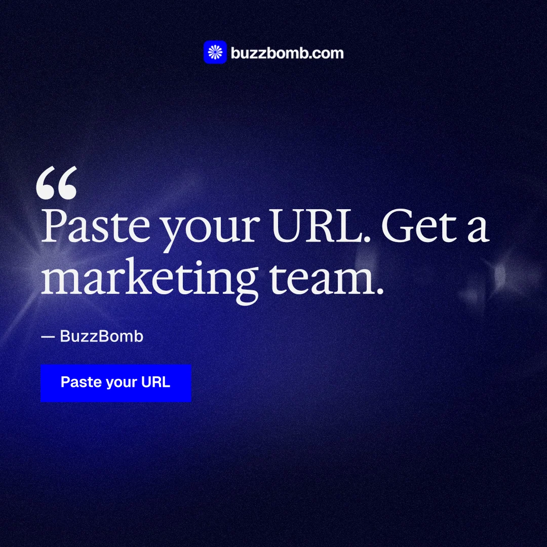 Instagram post for BuzzBomb: "Distribution, solved." Swiss style, quote layout, dark palette in black, blue.