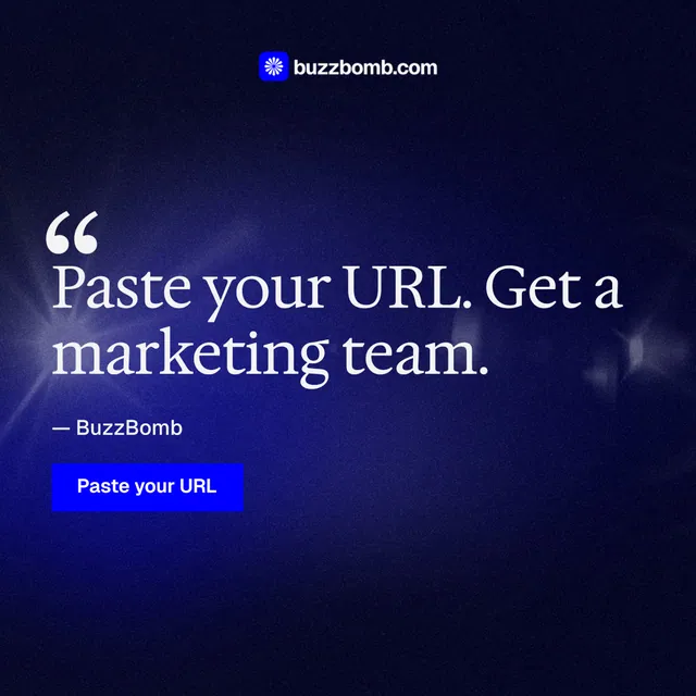 Instagram post for BuzzBomb: "Distribution, solved." Swiss style, quote layout, dark palette in black, blue.