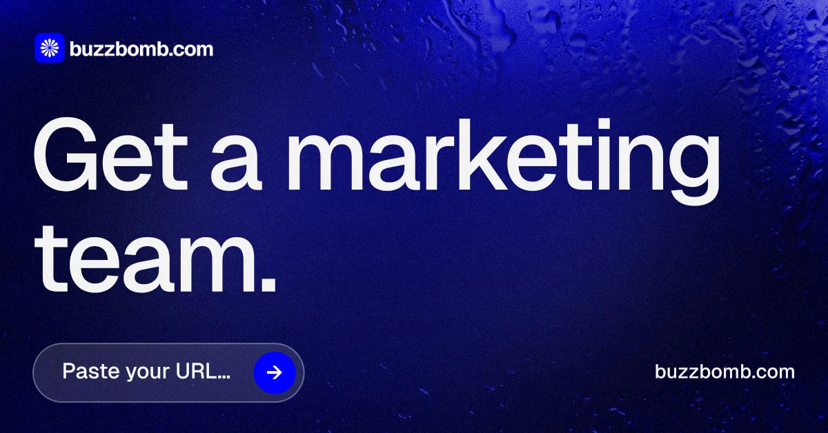Social ad for BuzzBomb: "Get a marketing team." Agentic glass style, poster layout, dark palette in black, blue, grey.