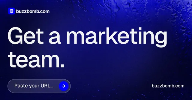 Social ad for BuzzBomb: "Get a marketing team." Agentic glass style, poster layout, dark palette in black, blue, grey.