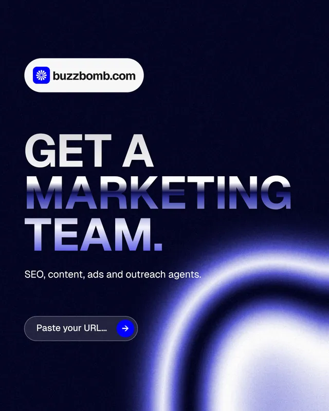 Instagram portrait post for BuzzBomb: "Get a marketing team." Agentic glass style, announce layout, dark palette in black, blue.