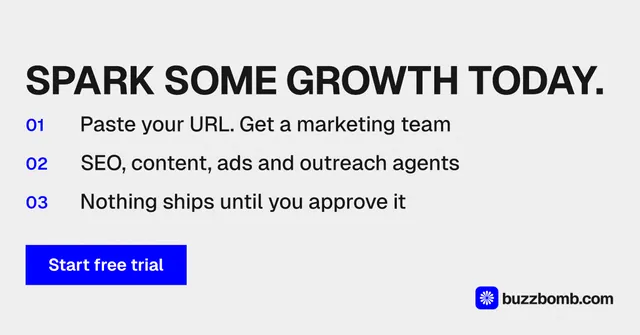 Social ad for BuzzBomb: "Spark some growth today." Swiss style, numbered layout, light palette in white, blue.