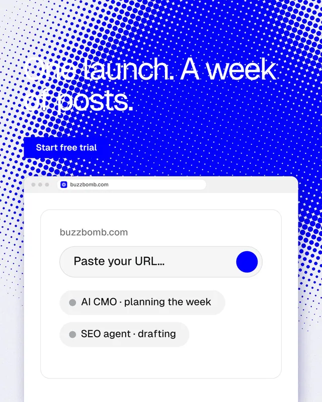 Instagram portrait post for BuzzBomb: "One launch. A week of posts." Split block style, browser layout, light palette in blue, white.