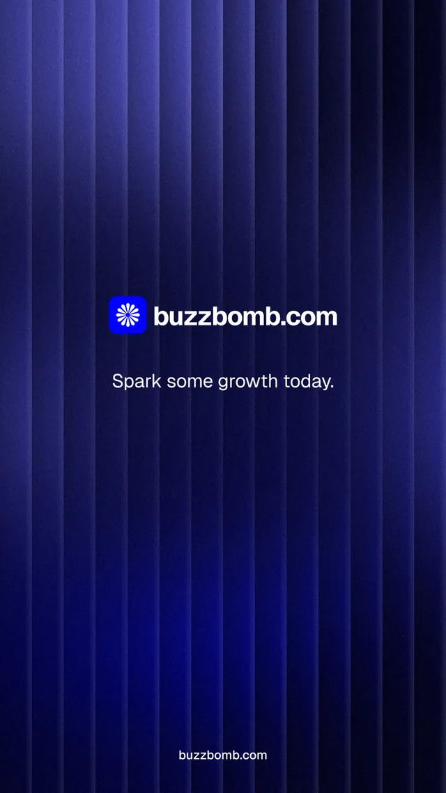 Instagram story for BuzzBomb: "Spark some growth today." Agentic glass style, end card layout, dark palette in blue, black.