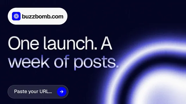 Landscape graphic for BuzzBomb: "One launch. A week of posts." Agentic glass style, announce layout, dark palette in black, blue.