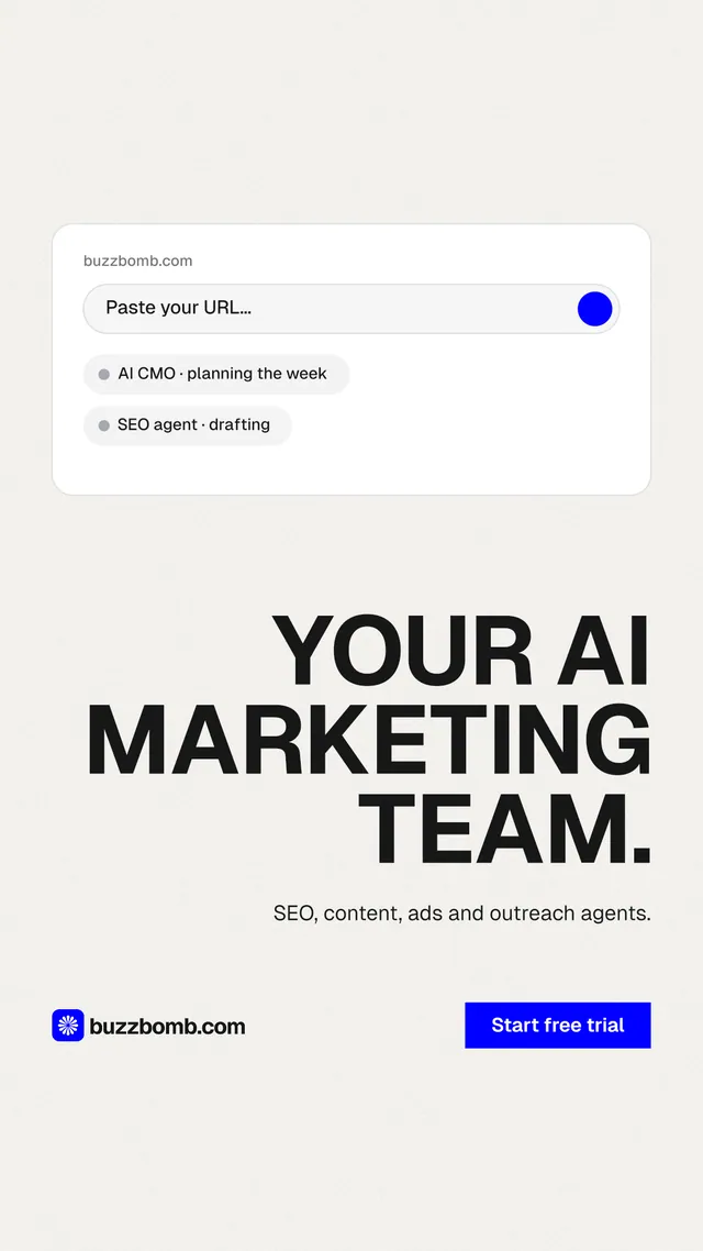 Instagram story for BuzzBomb: "Your AI marketing team." Swiss style, right layout, light palette in white, grey.
