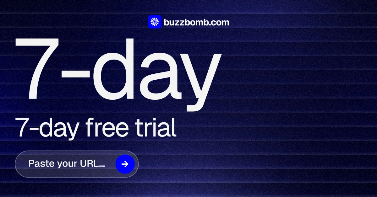 Social ad for BuzzBomb: "Spark some growth today." Agentic glass style, stat layout, dark palette in blue, black, grey.