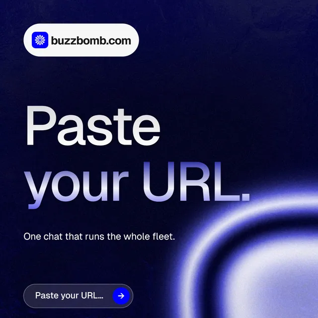 Instagram post for BuzzBomb: "Paste your URL." Agentic glass style, announce layout, dark palette in black, blue.
