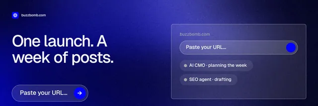 X header for BuzzBomb: "One launch. A week of posts." Agentic glass style, bottom layout, dark palette in blue.