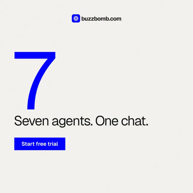 Instagram post for BuzzBomb: "Get a marketing team." Swiss style, stat layout, light palette in white, blue.