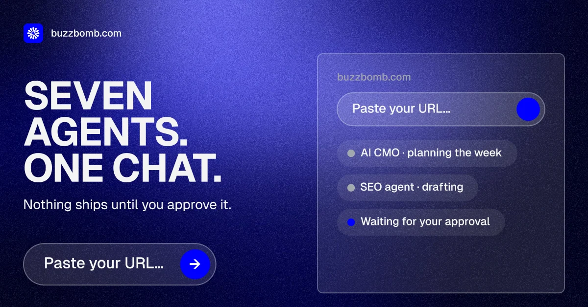 Social ad for BuzzBomb: "Seven agents. One chat." Agentic glass style, bottom layout, dark palette in blue.