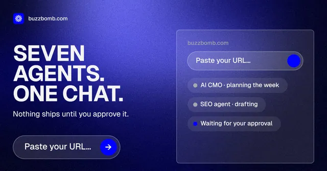 Social ad for BuzzBomb: "Seven agents. One chat." Agentic glass style, bottom layout, dark palette in blue.