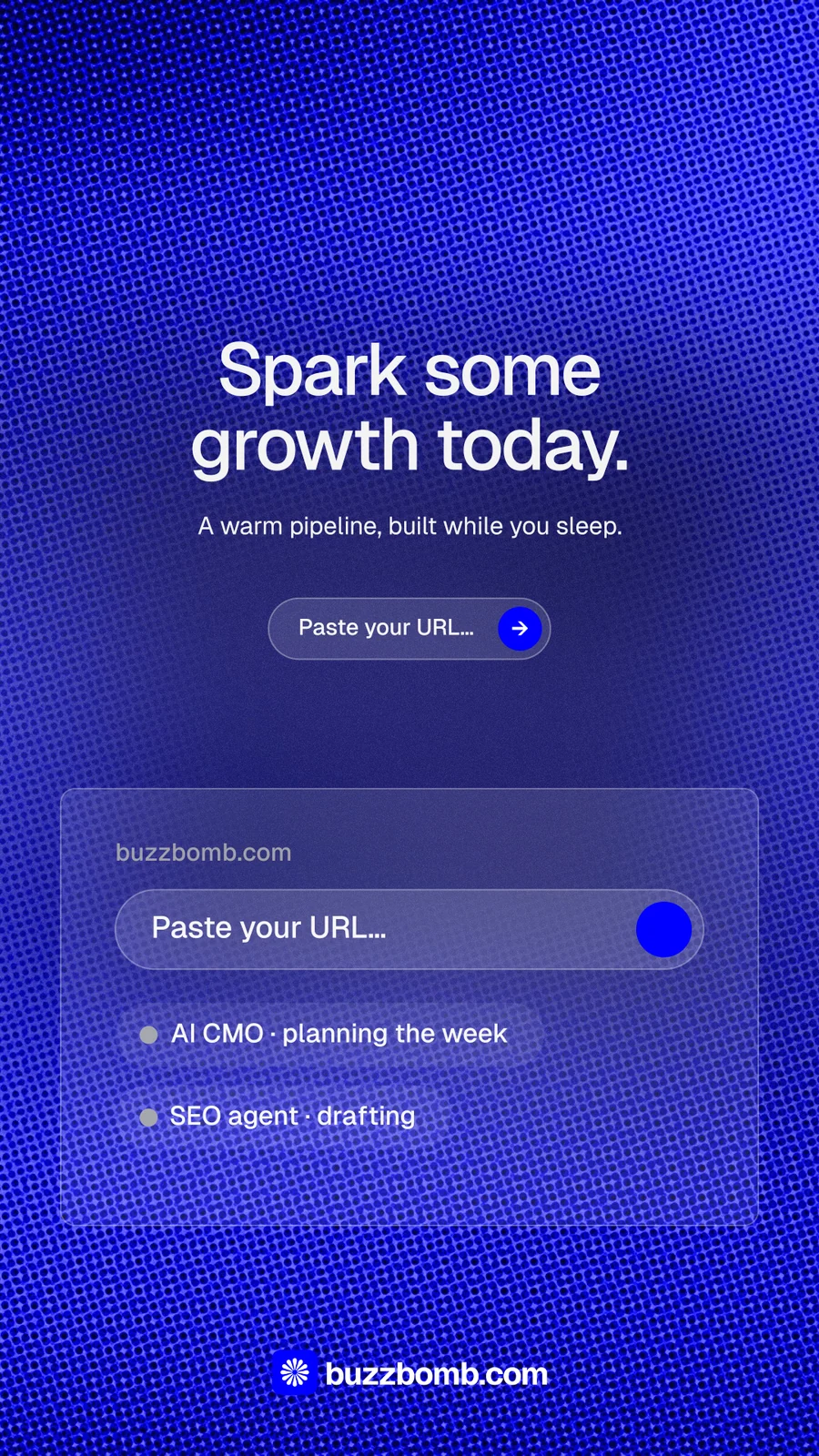 Instagram story for BuzzBomb: "Spark some growth today." Agentic glass style, centred layout, dark palette in blue.