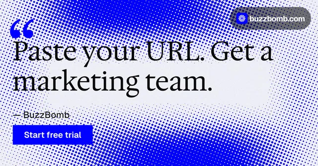 Social ad for BuzzBomb: "Spark some growth today." Swiss style, quote layout, light palette in blue, white.