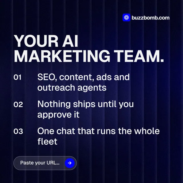Instagram post for BuzzBomb: "Your AI marketing team." Agentic glass style, numbered layout, dark palette in black, blue, grey.