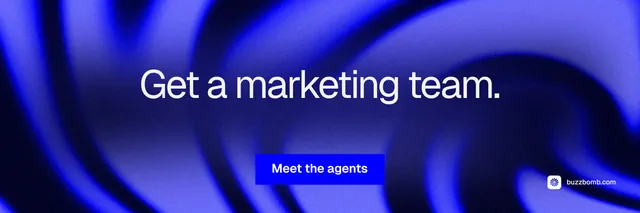 X header for BuzzBomb: "Get a marketing team." Swiss style, centred layout, dark palette in blue.