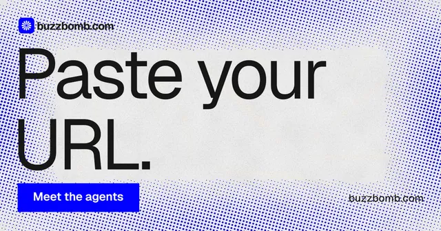 Social ad for BuzzBomb: "Paste your URL." Swiss style, poster layout, light palette in blue, white.