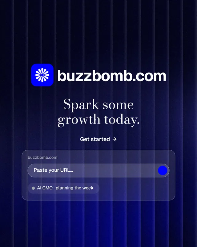 Instagram portrait post for BuzzBomb: "Spark some growth today." Minimal luxury style, logo hero layout, dark palette in black, blue.