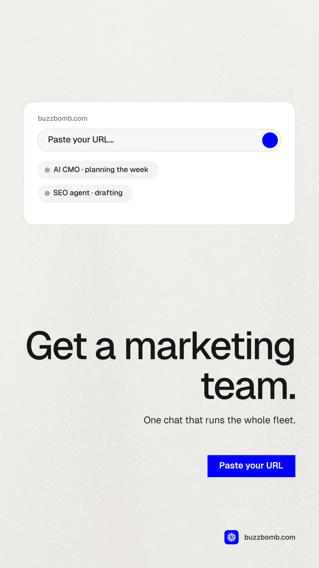 Instagram story for BuzzBomb: "Get a marketing team." Swiss style, right layout, light palette in white, grey.