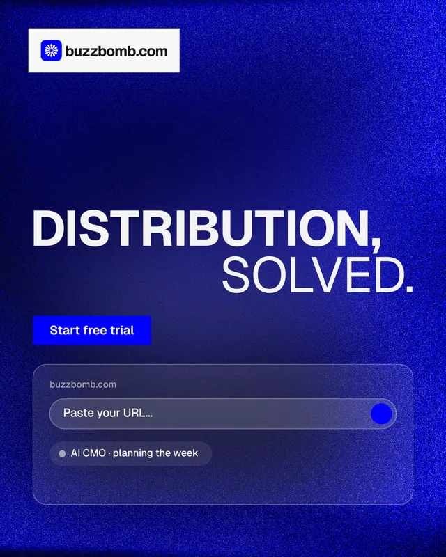 Instagram portrait post for BuzzBomb: "Distribution, solved." Swiss style, stacked layout, dark palette in blue.