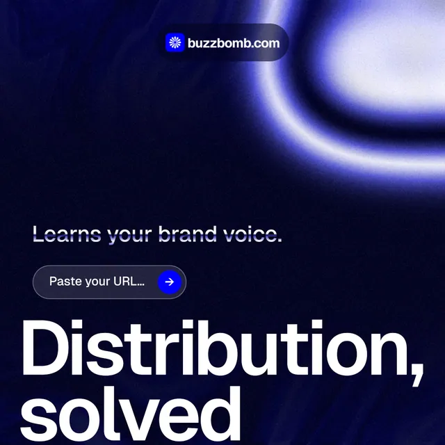 Instagram post for BuzzBomb: "Distribution, solved." Agentic glass style, oversized layout, dark palette in black, blue.