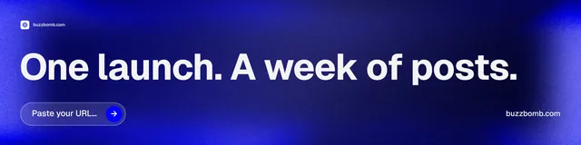 LinkedIn banner for BuzzBomb: "One launch. A week of posts." Agentic glass style, poster layout, dark palette in blue.